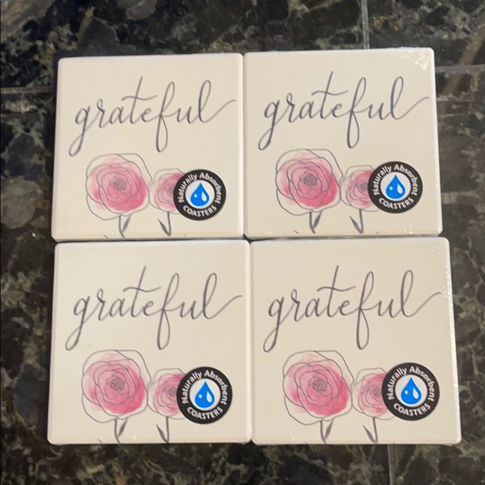 4 Ceramic Coasters that says Grateful.  NWT